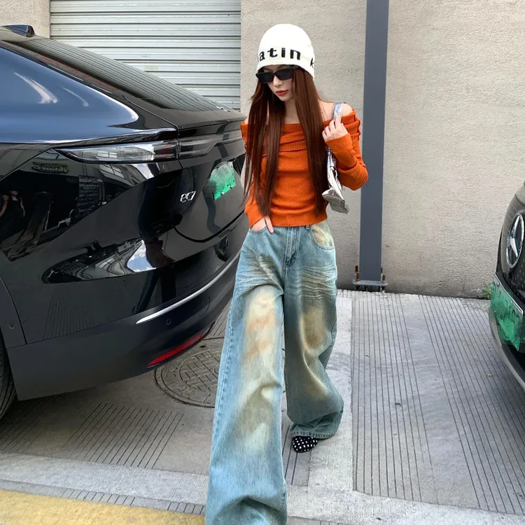 韩系穿搭高级感针织衫女早秋季2025新款慵懒风毛衣橘色一字肩上衣