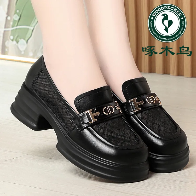 啄木鸟圆头网纱透气款乐福鞋女夏新款英伦风厚底一脚蹬单鞋小皮鞋
