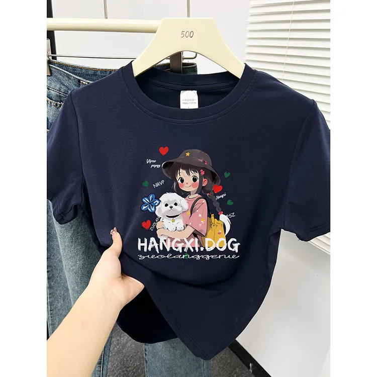 卡通小女孩印花正肩短袖t恤女夏新款韩版小个子大码显瘦穿搭上衣