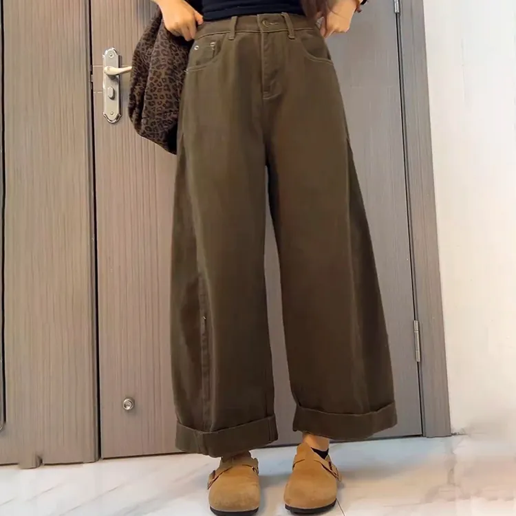 咖色复古弯刀牛仔裤女秋季新款宽松显瘦阔腿裤小个子高腰直筒裤子