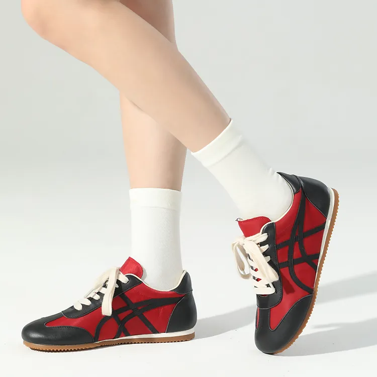 头层牛皮新款休闲百搭德训鞋女撞色拼接时尚舒适透气羊皮软底软面