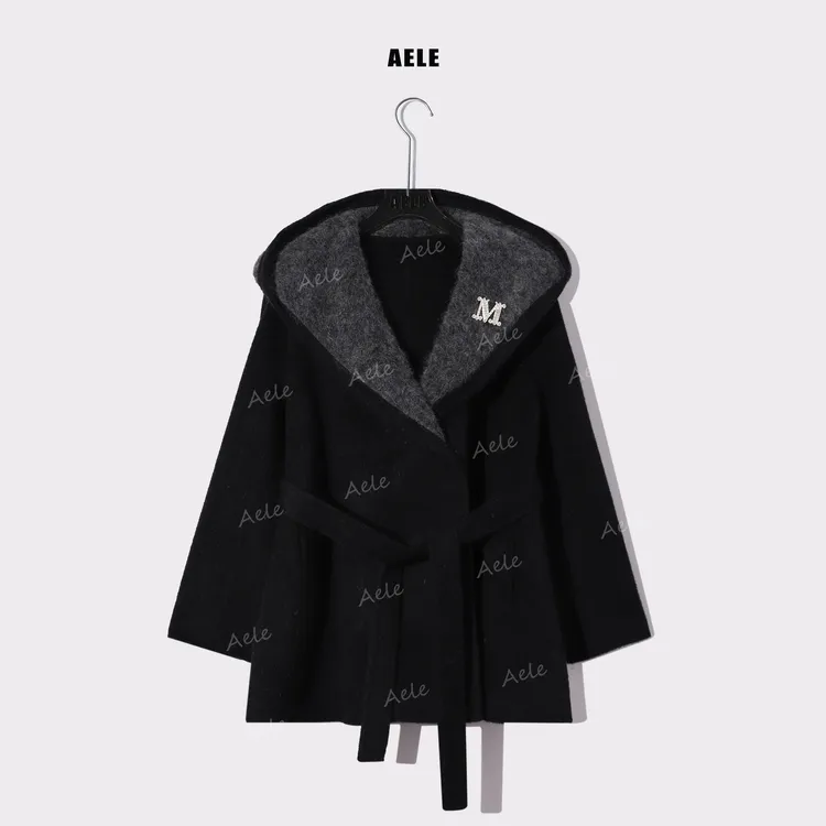 AELE中长款休闲气质复古连帽腰带绵羊毛双面呢大衣 S855 3793 A