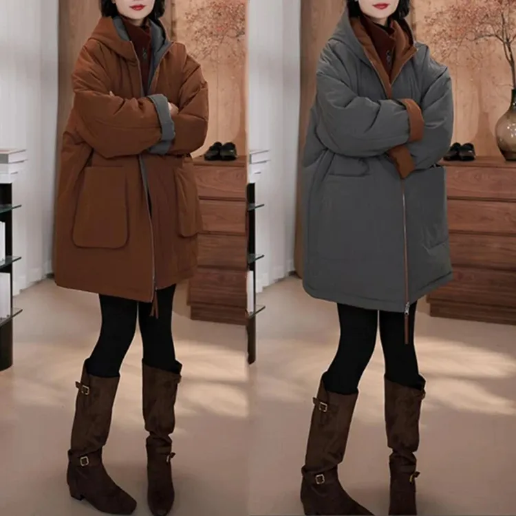 双面穿棉衣棉服冬季新款百搭气质减龄加厚保暖中长款连帽外套女