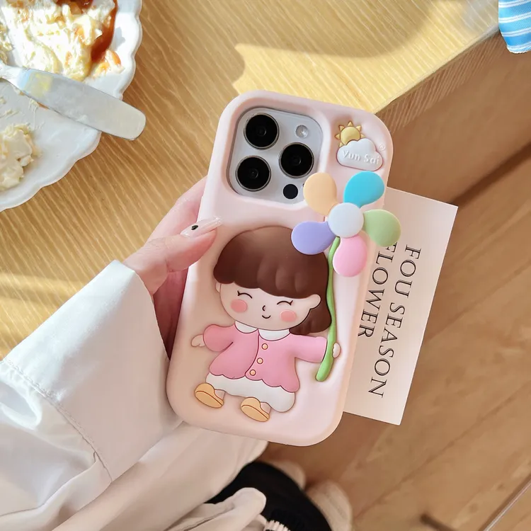 适用【苹果】卡通旋转风车女孩iPhone16手机壳创意15防摔13立体硅胶