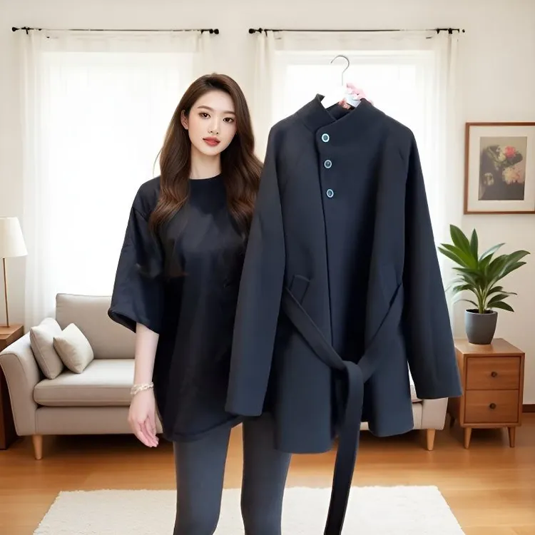 高定设计感立领系带收腰百搭毛呢外套网红气质显瘦秋冬呢子含腰带