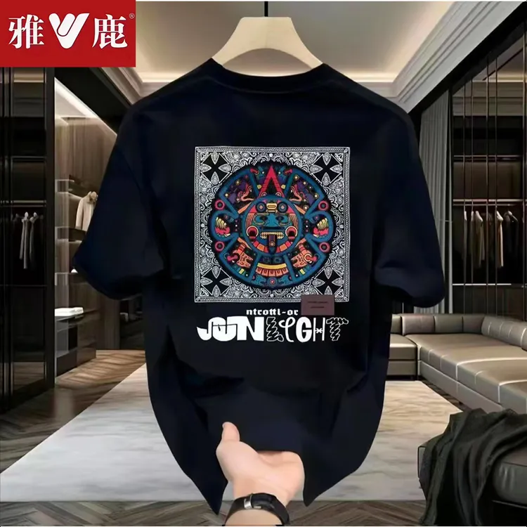 雅鹿夏季男士纯棉短袖t恤男韩版潮流宽松圆领百搭印花全棉半袖