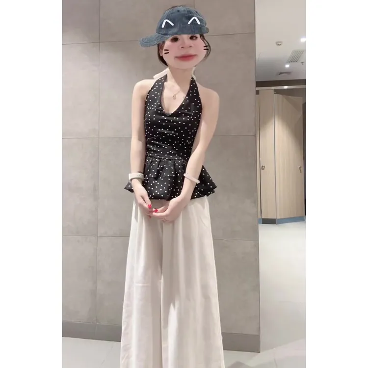 黑色波点挂脖设计感显瘦吊带背心搭宽松通勤百搭垂感休闲裤两件套