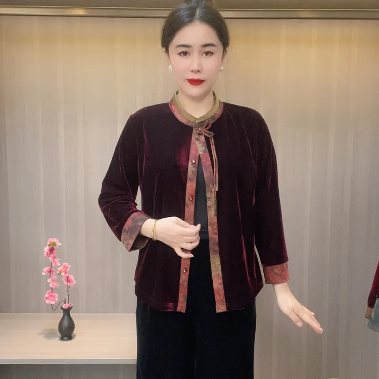 2025新款秋季中式休闲风女装立领金丝复古网红植物花卉中老年女装