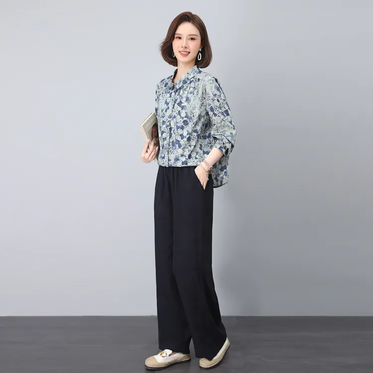 休闲时尚套装女秋季新款2025中年妈妈宽松气质减龄衬衫裤子两件套