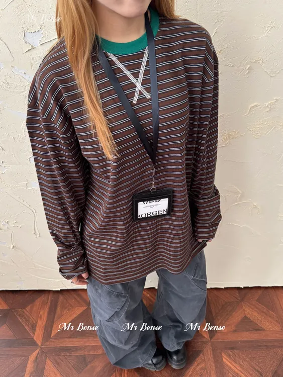 Mr Bense美式复古圆领条纹长袖T恤女秋季新品百搭情侣打底衫上衣