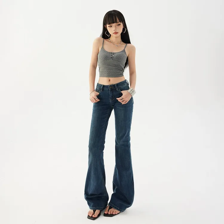 JWUW秋季低腰辣妹微弹牛仔裤女修身显瘦喇叭裤拖地垂感长裤
