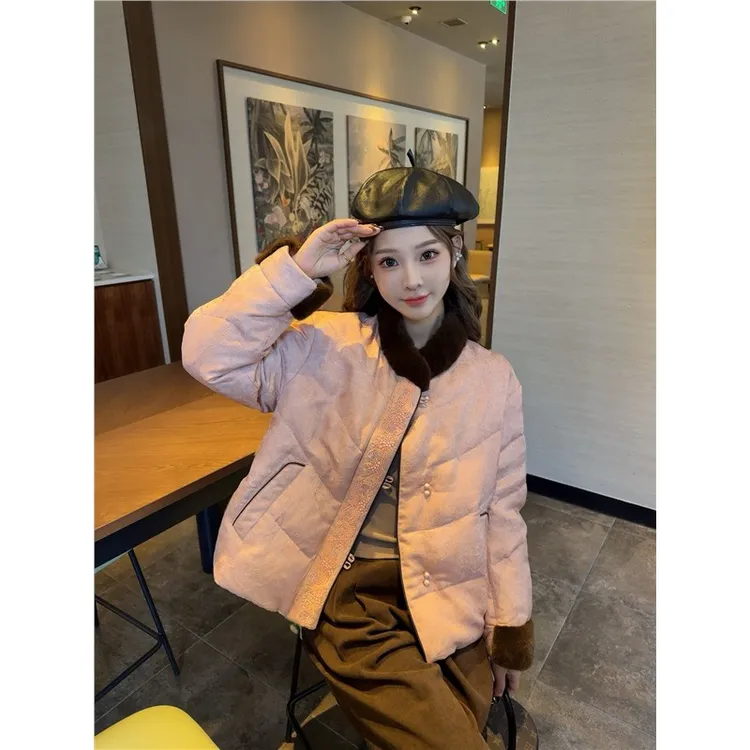 新中式国风羽绒服女冬显瘦宽松百搭新国标90白鸭绒水貂毛外套