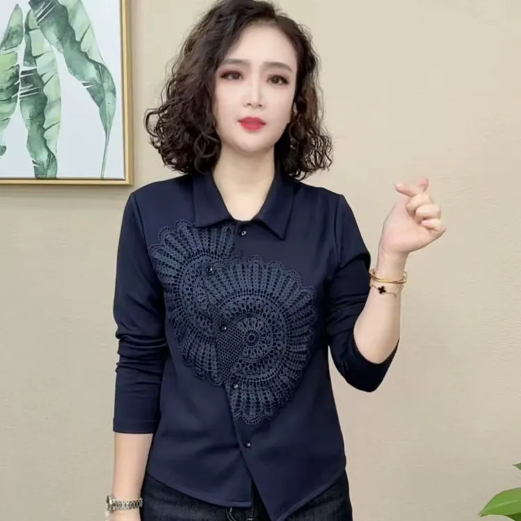 新款女士上衣衬衫领钩花蕾丝中式时尚洋气简约宽松显瘦百搭长袖