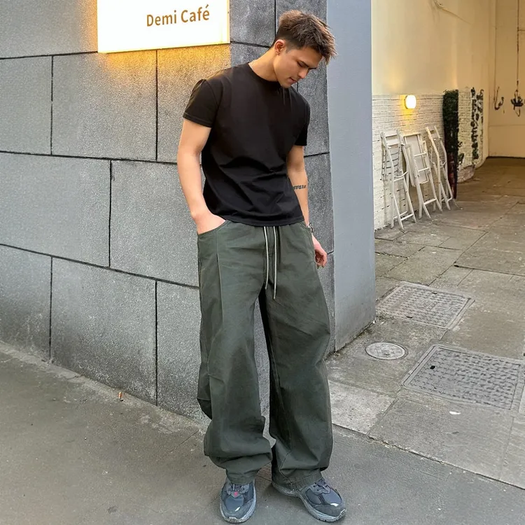 秋款纯棉宽松直筒百搭简约工装美式男生弯刀裤休闲裤夏季复古阔腿