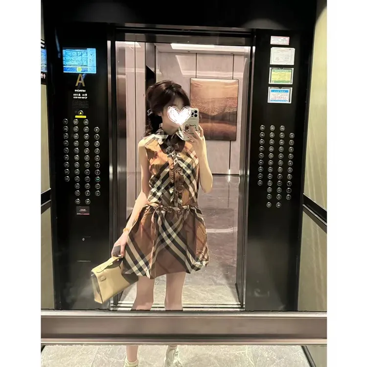 FRVXO格纹无袖polo领连衣裙夏新款韩版收腰休闲经典背心裙