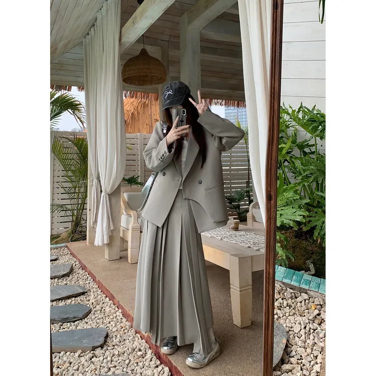 解构主义/高智分子简约廓形西装重工压褶半裙时尚春季新款套装