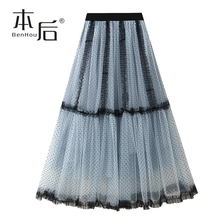 8846 仙气重工网纱半身裙春秋女波点a字气质优雅蓝色蛋糕大摆长裙