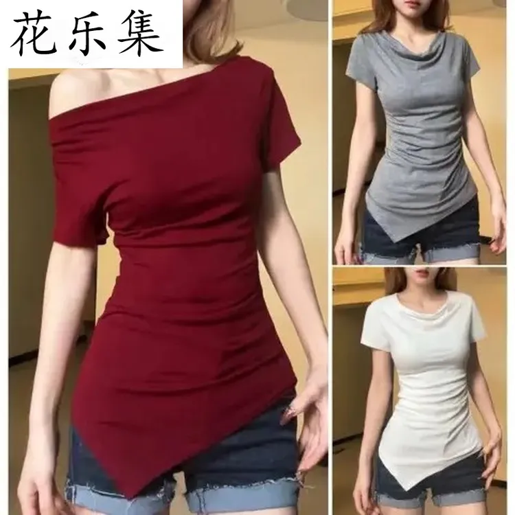 花乐集美式复古辣妹风斜肩短袖恤女夏季新款设计感小众修身显瘦上