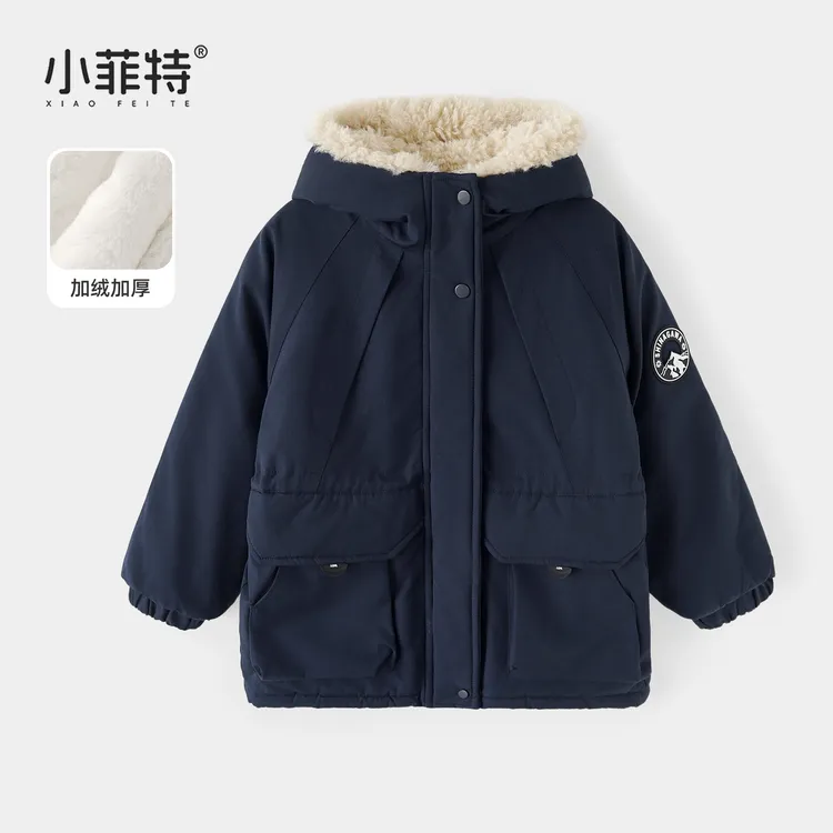 小菲特女童冬加绒连帽外套中大童休闲上衣儿童加厚派克BGYD57168