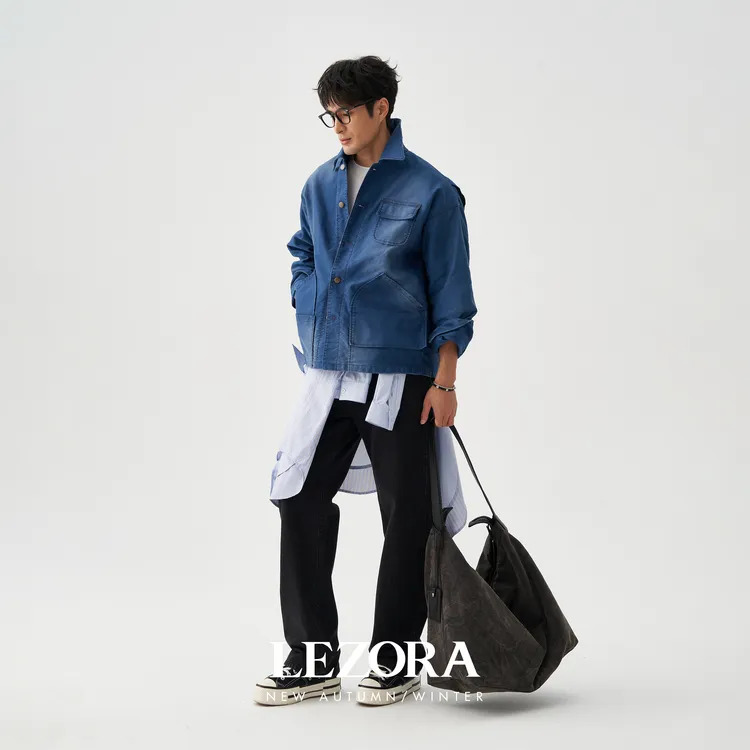 LEZORA Moleskin法工蓝！重磅g鼹鼠皮复古做旧法式工装夹克男
