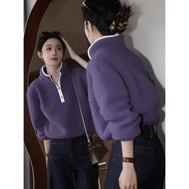 多巴胺紫色摇粒绒套头卫衣女2025秋冬新款独特别致小众不撞款上衣