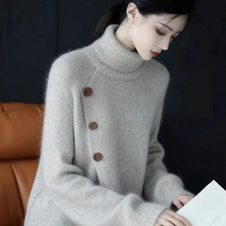 【专柜正品】大码灰色高领长袖毛衣针织衫女冬季新款简约宽松上衣