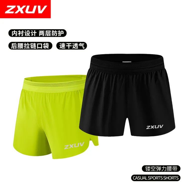 ZXUV训练短裤马拉松后腰口袋跑步有裤内衬三分裤带抽绳有透气轻薄