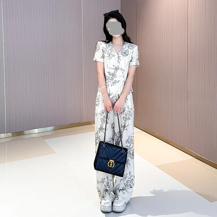 新中式国风套装2025新款夏季印花短袖上衣高腰显瘦阔腿裤两件套女