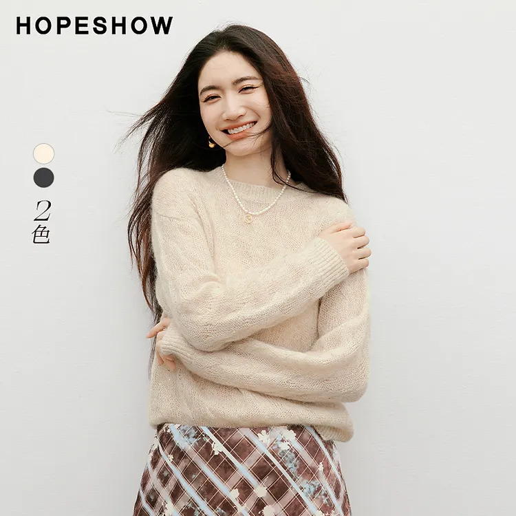 红袖2025秋季新款女装 亮丝亮片落肩长袖圆领针织衫90125310110