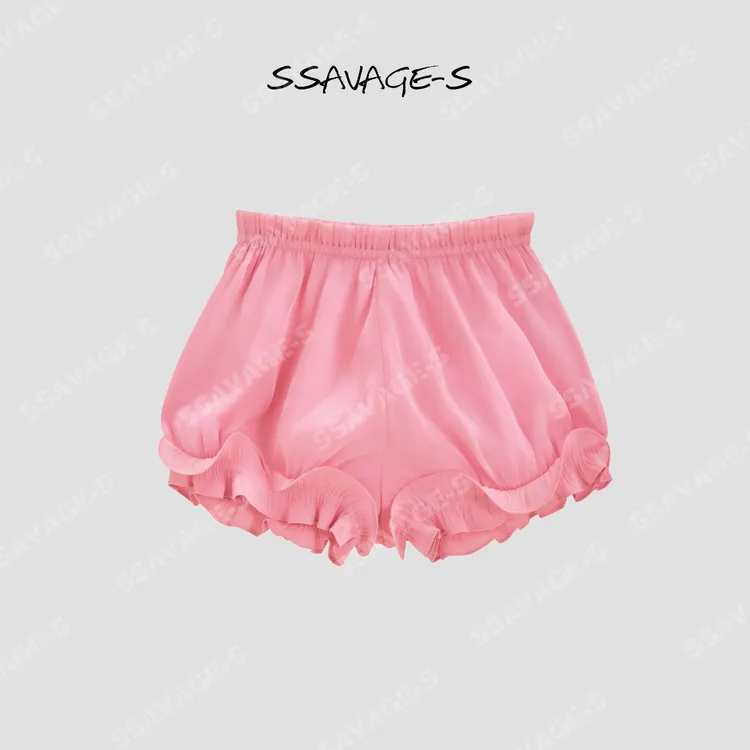 SSAVAGE“左岸花苞”高腰缎面荷叶边安全打底裤SS91300C