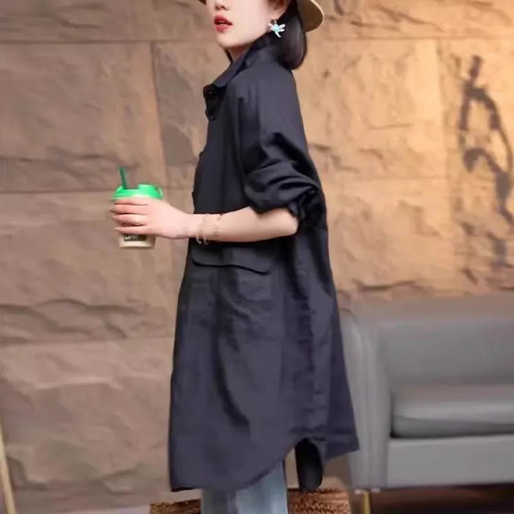 欧货复古港风气质黑色中长款衬衫春秋季女装宽松时尚洋气休闲外套