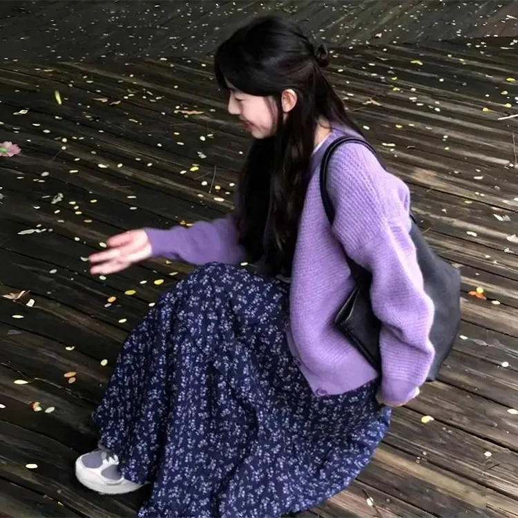 韩式复古碎花半身裙女春2025新款高腰a字裙休闲慵懒风秋冬长裙子