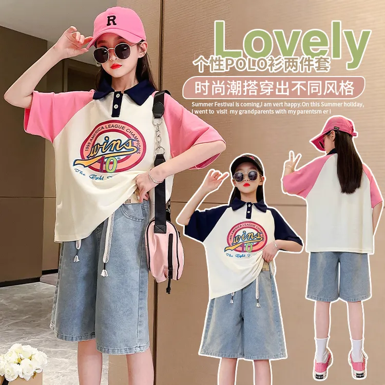 女童夏款短袖Polo衫2025新款时髦洋气休闲套装韩范女大童短袖短裤