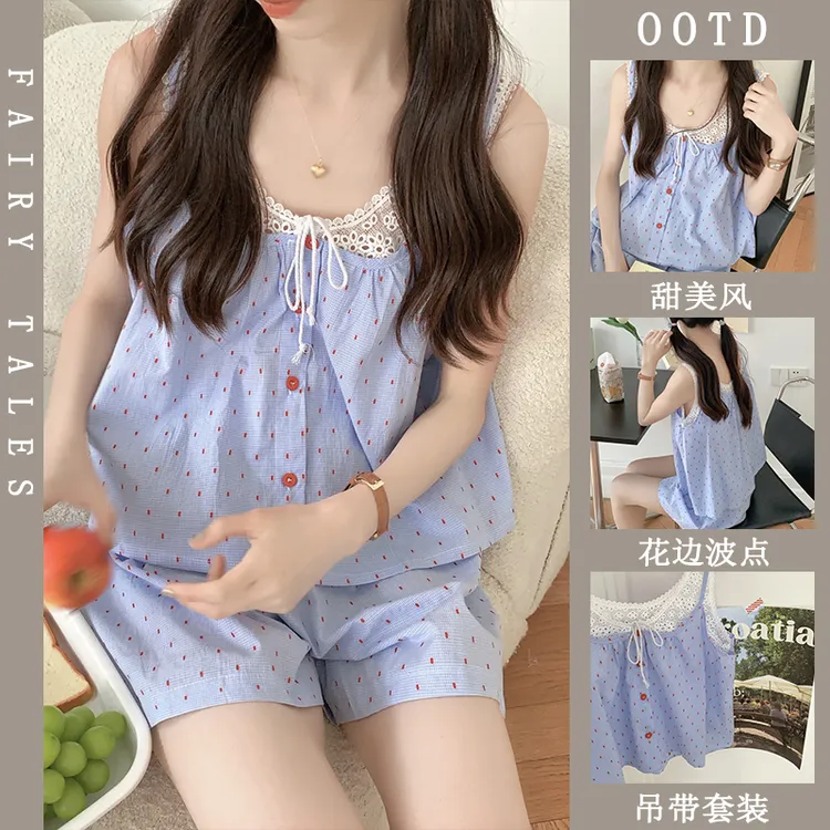 吊带睡衣女套装夏季新款简约格子花边韩版宽松休闲绑带家居服套装