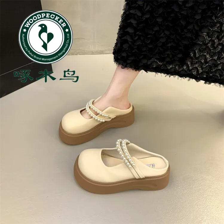 啄木鸟法式包头半拖鞋女外穿2025春季新款珍珠仙女风厚底玛丽珍鞋