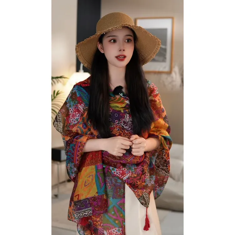 夏季民族风防晒披肩长款时尚新中式盘扣百搭扎染旅游拍照薄款