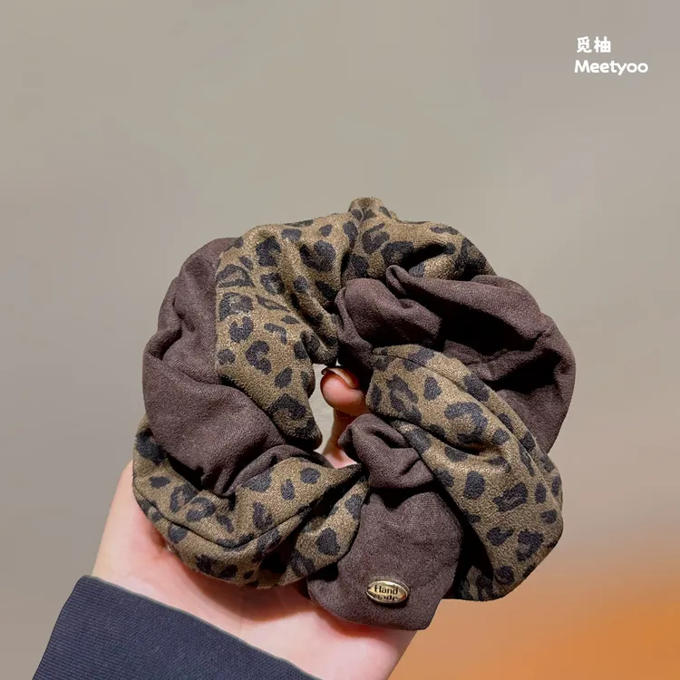 韩国新款气质高级感豹纹拼色大肠圈女百搭小众扎马尾发绳头绳发饰