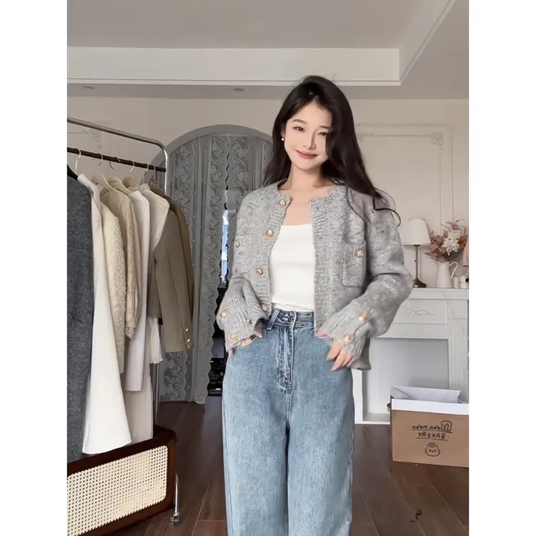 羽毛自制花灰色金丝小香风羊毛初秋针织开衫女春秋冬毛衣外套上衣