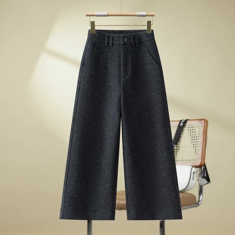 高档羊毛呢阔腿裤女2025秋冬款高腰垂感休闲小个子九分窄版直筒裤