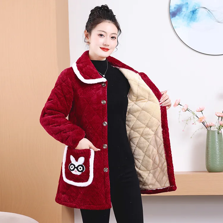 冬季睡衣女上衣单件棉衣中老年妈妈加绒加厚灯芯绒棉服中长家居服