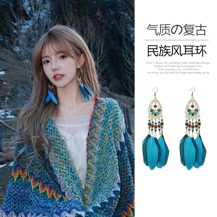 锌合金树脂耳饰 长款风民族耳坠小众女耳圈金色款时尚蓝色爆款大