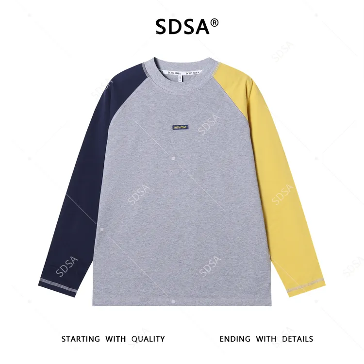 SDSA男士秋冬新款痞帅男装拼色拼接圆领长袖T恤刺绣字母百搭上衣