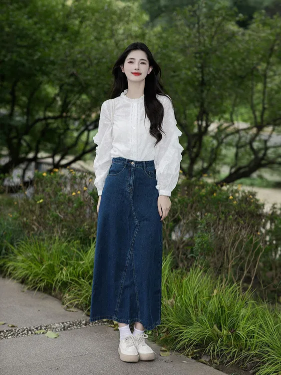 2025秋季新款法式荷叶边森系长袖衬衫内搭抹胸牛仔半身裙减龄套装