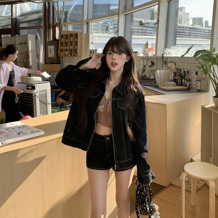 秋冬复古牛仔外套辣妹松弛感拉链宽松长袖夹克上衣2235