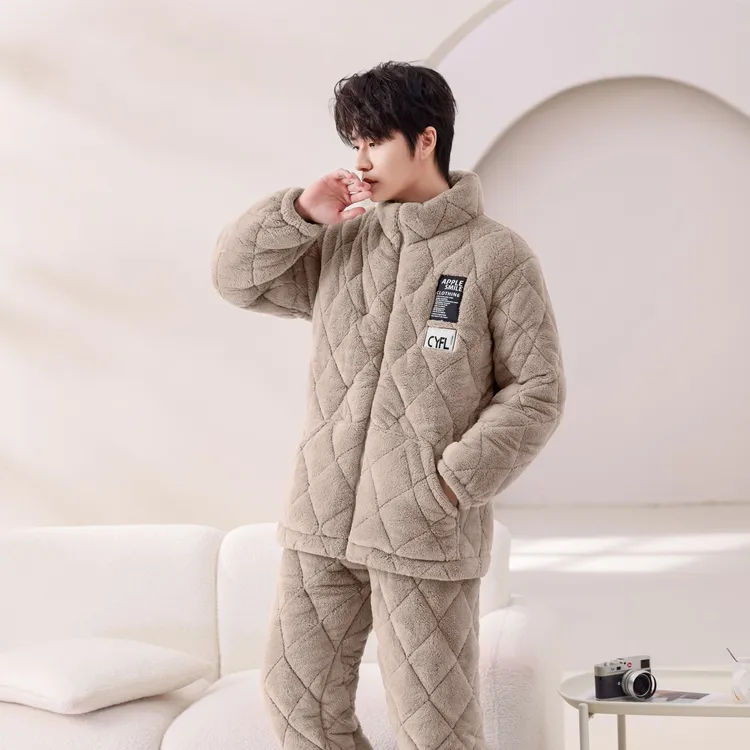 冬季新款青年男士睡衣加厚大码男款法兰绒夹棉家居服套装可外穿