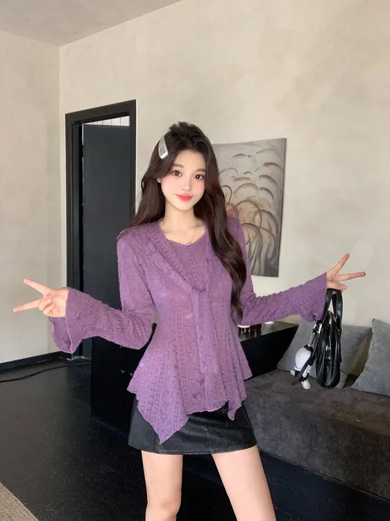 法式小众款温柔设计款上衣2025年秋季新款温柔紫色上衣
