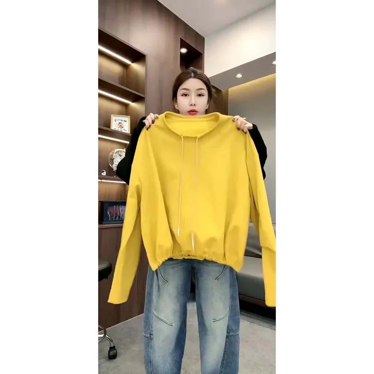 韩系宽松休闲百搭抽绳圆领弯刀袖套头卫衣