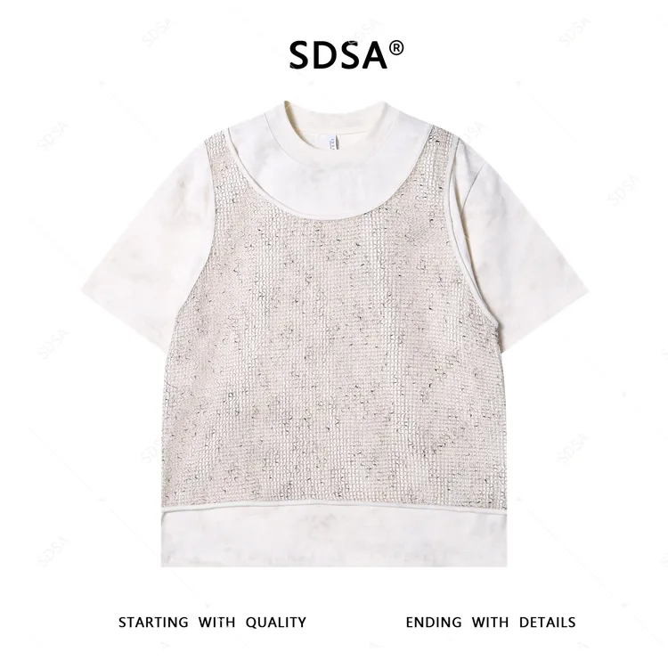 夏季高级感新款男士美式满天星马甲拼接短袖T恤百搭时尚圆领上衣