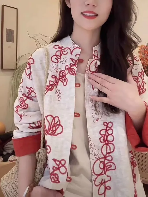 【线绣工艺两面穿外套】2025秋新款气质亚麻外套中国风百搭休闲宽松