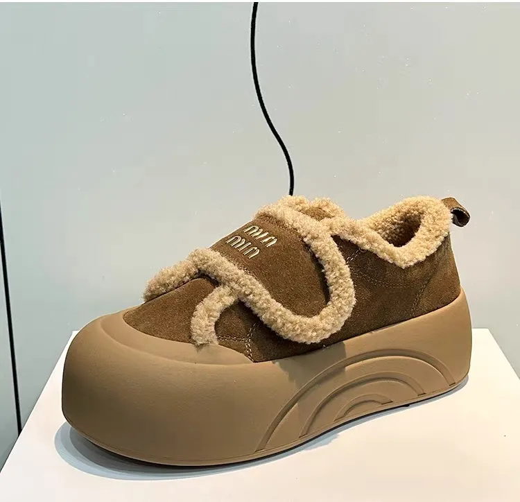 冬季新款毛毛鞋女加绒厚底魔术贴鞋子女款休闲板鞋棉鞋时尚雪地靴